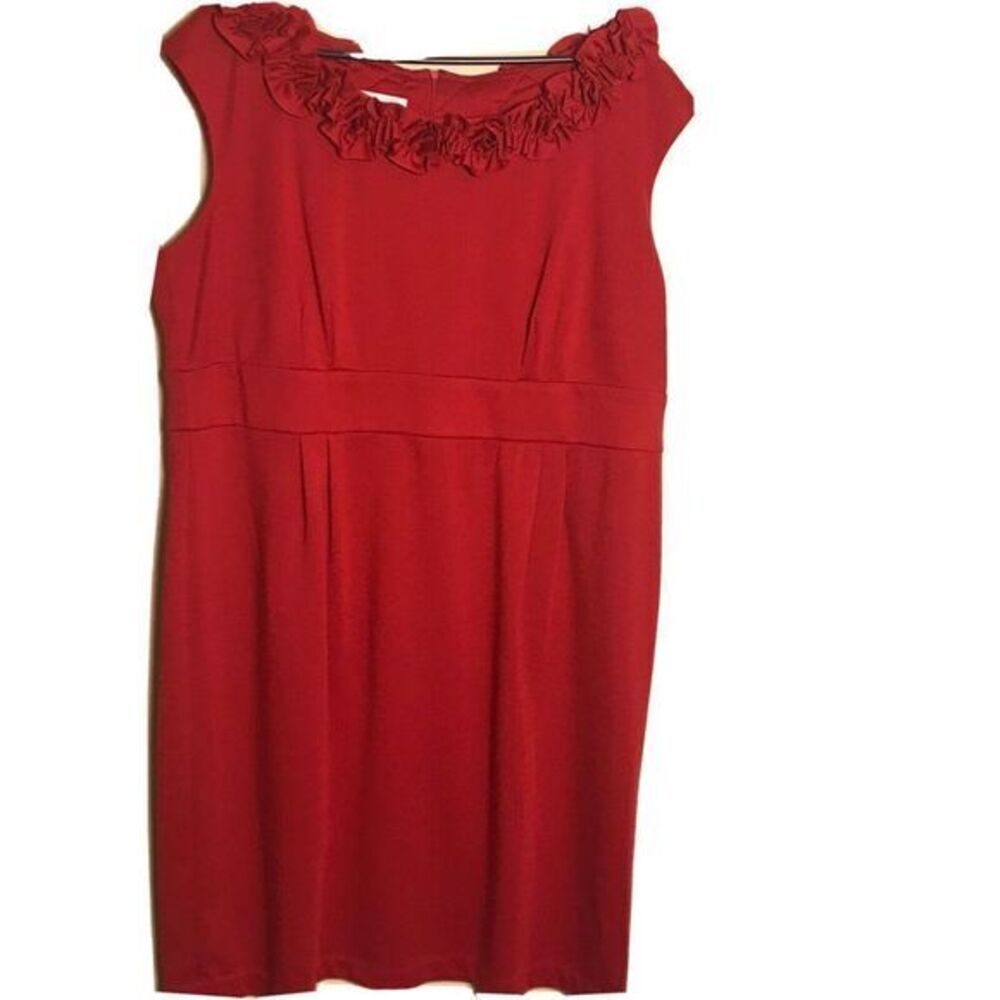 London Times Woman's Red Ruffled Neckline Knee Length Sheath‎ Dress Size 18W